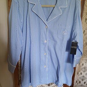 WOMENS PAJAMA TOP LAUREN RALPH LAUREN ALL COTTON KNIT BLUE/WHIE STRIPE SZ XL